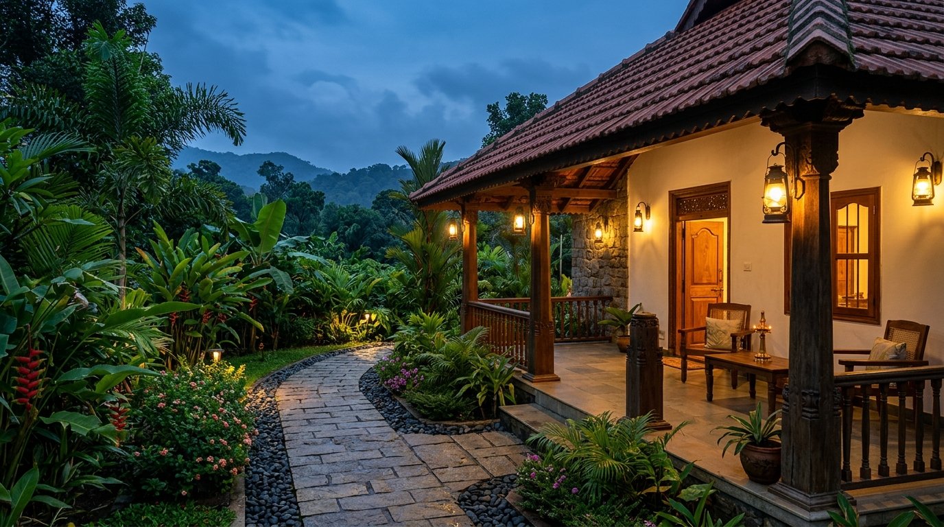 Cave Aura Service Villa evening veranda, wooden pillars, and garden pathway