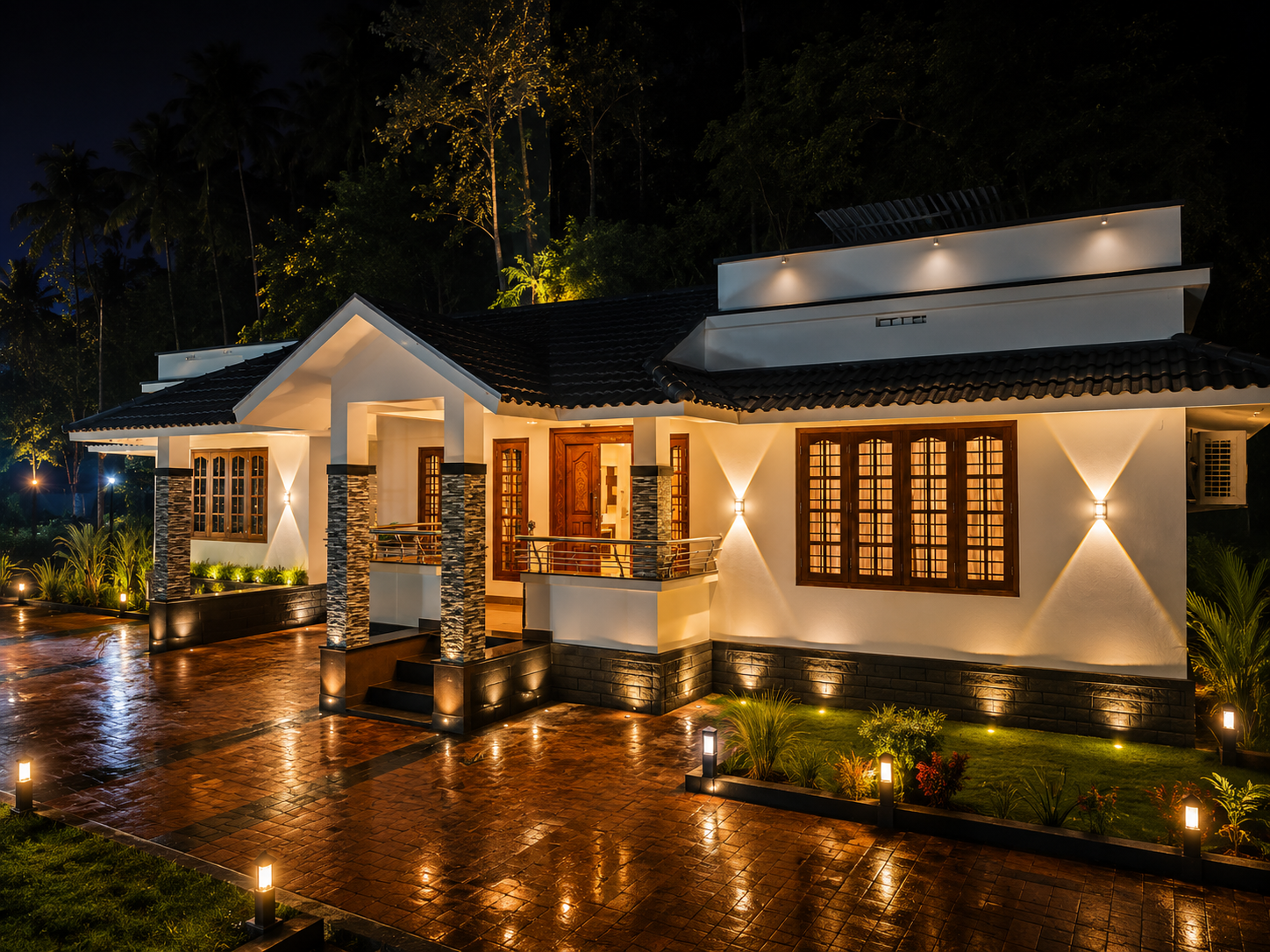 Cave Aura Service Villa sit-out veranda with classic pillars and garden view